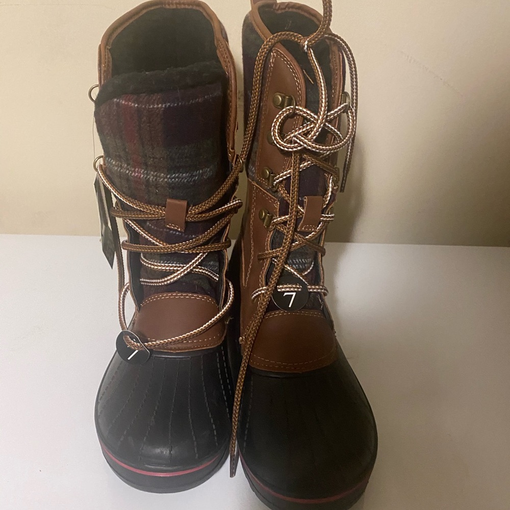 Brown and black winter/ rain boot
